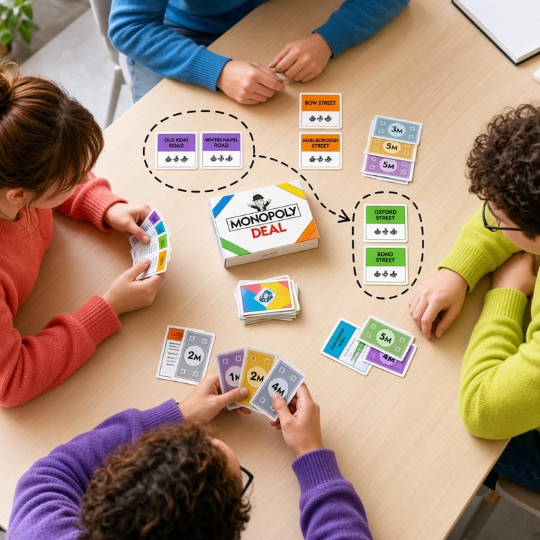 Spelers leggen kleurrijke Monopoly Deal-kaarten op tafel met een modern tactisch schema ernaast