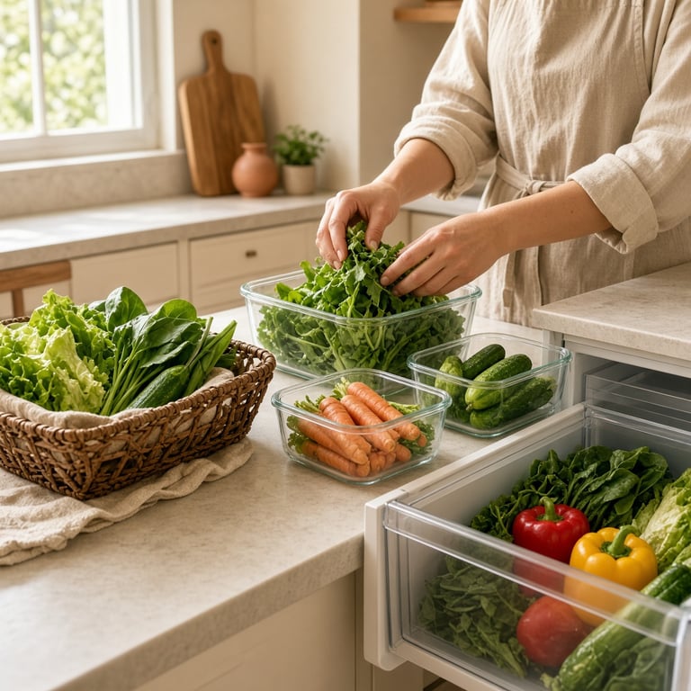 Fresh vegetables being sorted into reusable containers and a refrigerator drawer after a home delivery