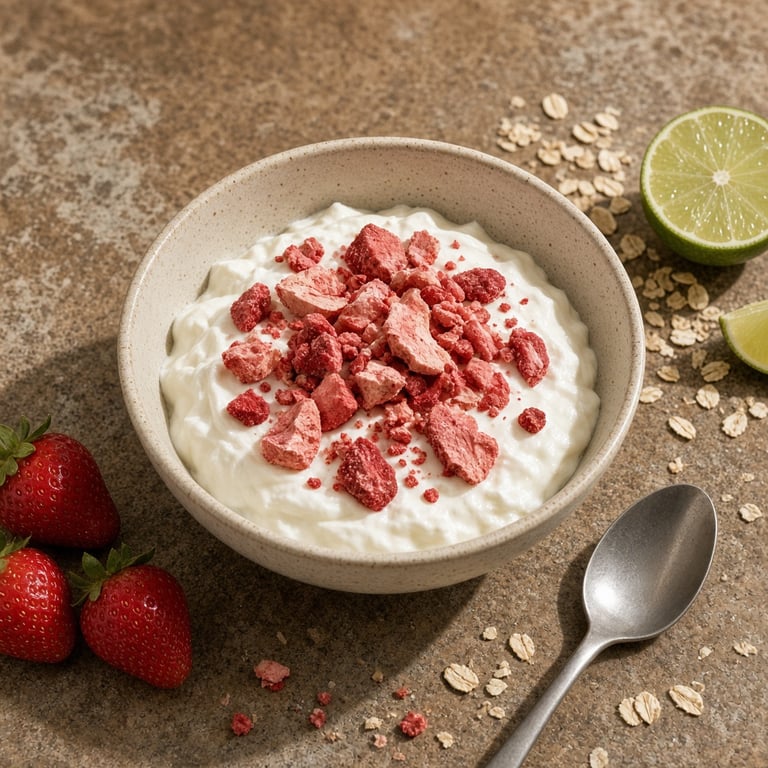 Plain freeze-dried strawberries served over yoghurt in a bright Australian kitchen