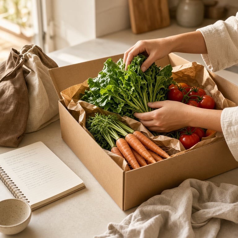 A bright kitchen bench with a fresh Australian vegetable box being unpacked beside a weekly meal plan
