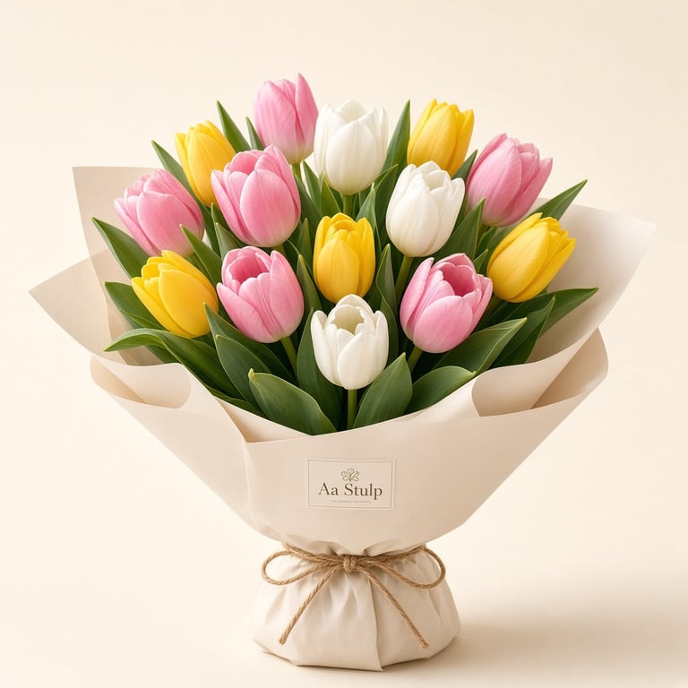 Gemengd boeket met roze, gele en witte tulpen