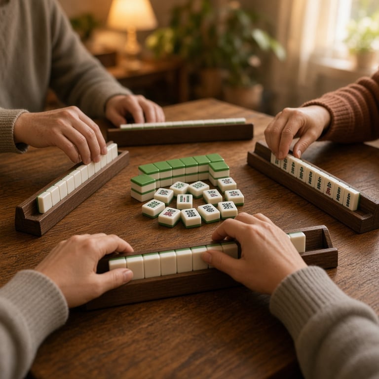 Mahjongstenen op een houten tafel naast vier speelrekken