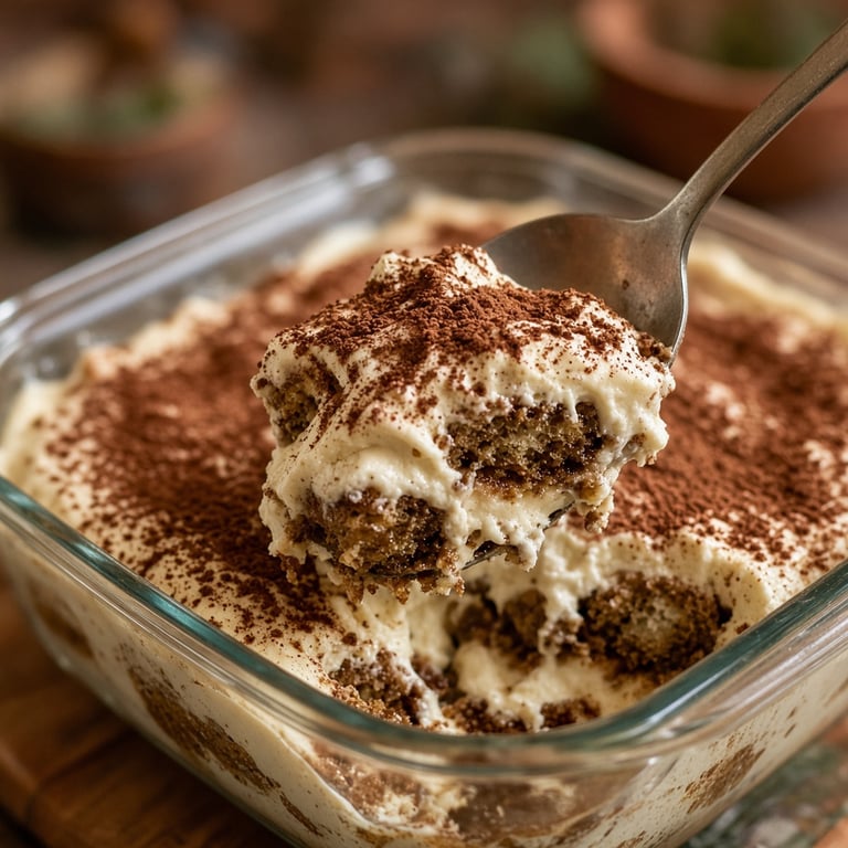 Romige tiramisu in een glazen schaal met cacaopoeder