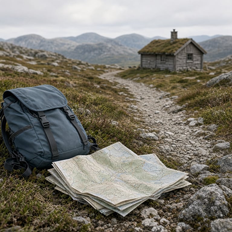 Fjellandskap ved Tempelnatten med en tydelig sti fra Tempelseter og en hytte i bakgrunnen