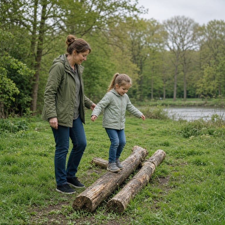 Ouder en kind bewegen samen in een park met ruimte voor spel en balans
