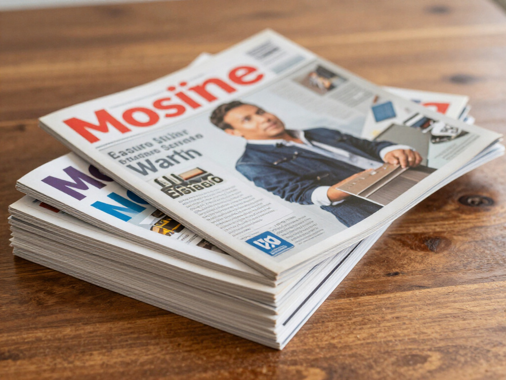 A stack of old tech magazines on a wooden table