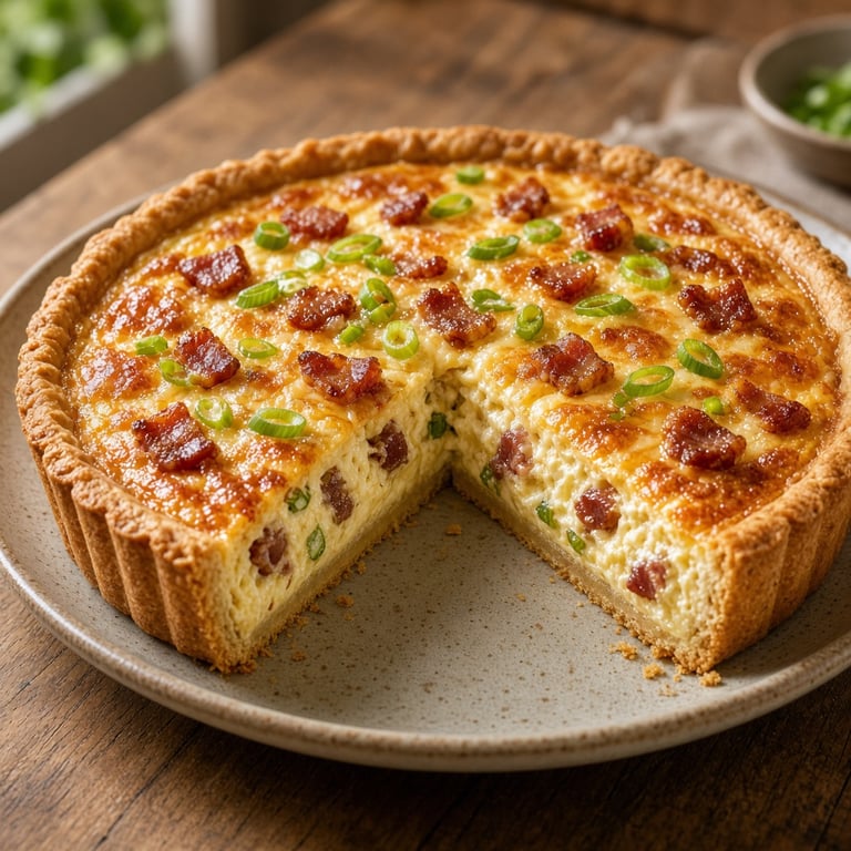 Goudbruine quiche met een stevige bodem en romige vulling op een houten tafel