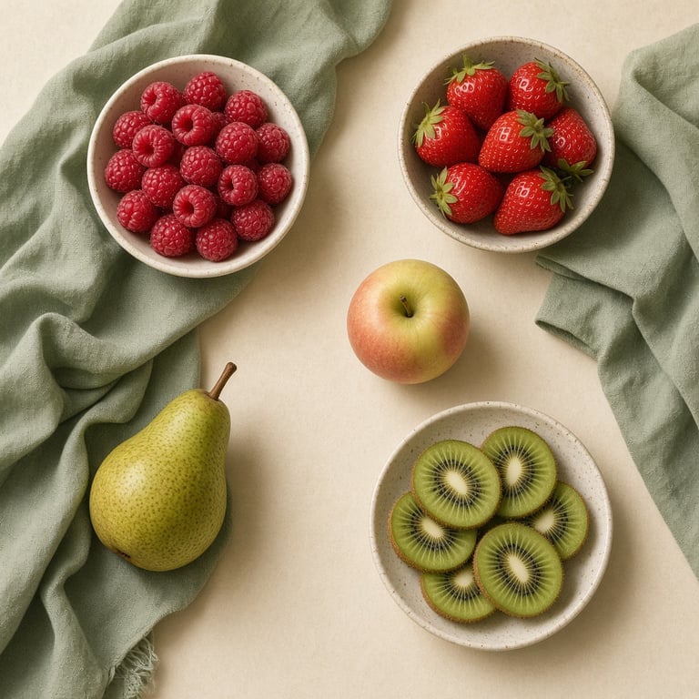 A colourful bowl of raspberries, strawberries, apples, pears, and kiwifruit on a warm kitchen table