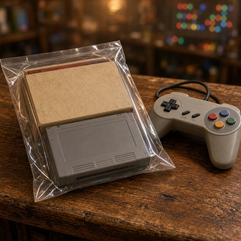 Een vitrinekast met kleurrijke retro games en klassieke spelcomputers in een Nederlandse gamewinkel