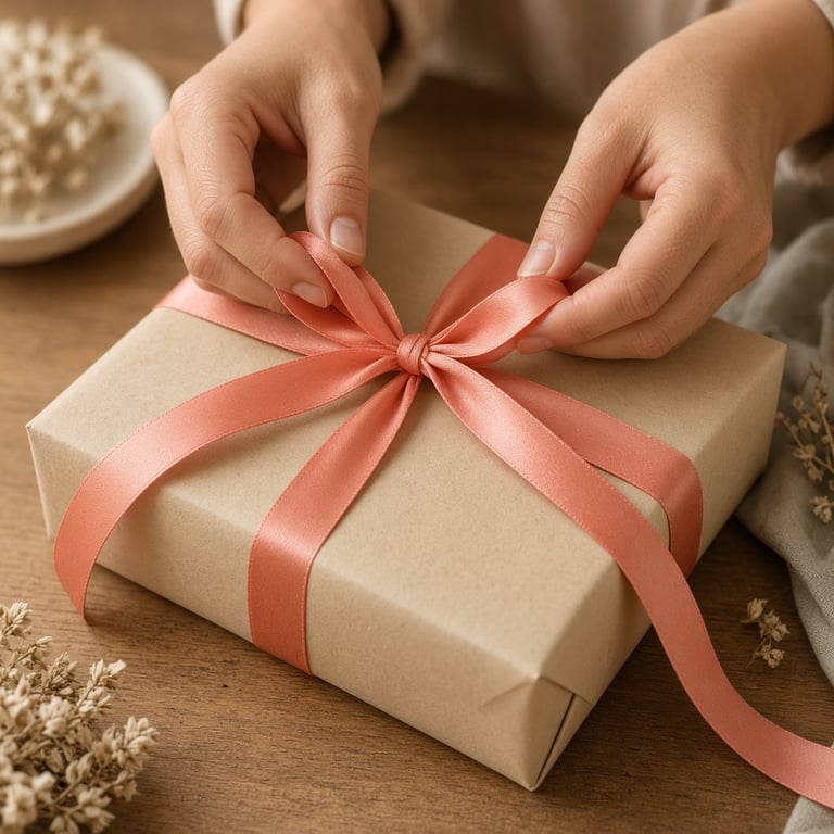 Coral ribbon tied around warm beige wrapping paper
