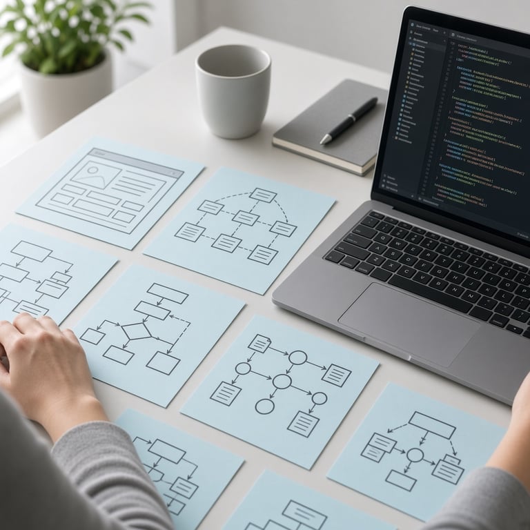 Developer planning Joomla component screens and database relationships on a documentation desk