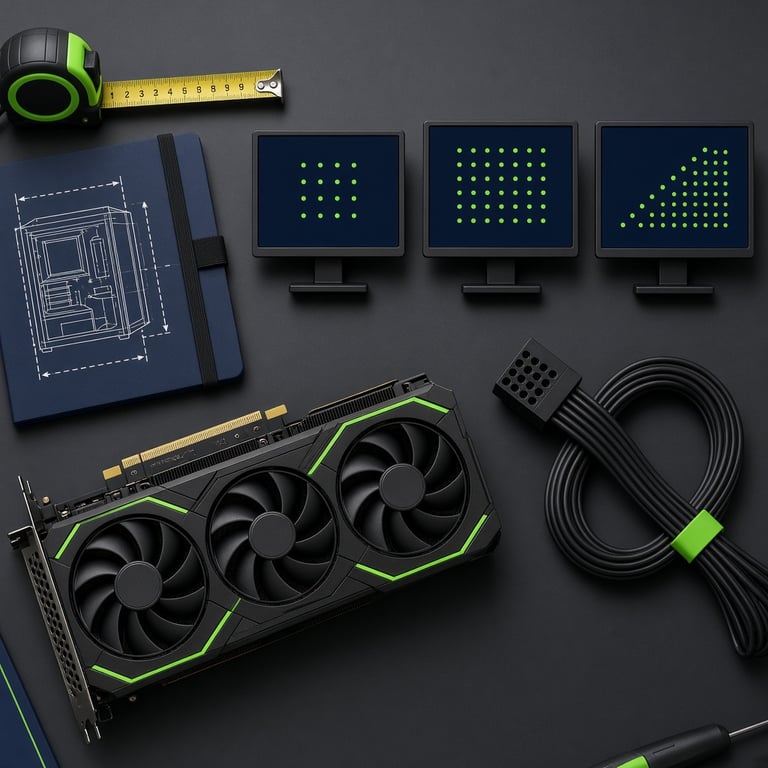 A graphics card comparison setup with 1080p, 1440p, and 4K display labels beside a PC upgrade checklist