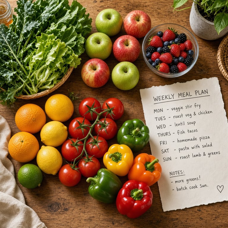 A colourful Australian produce box with leafy greens, apples, berries, tomatoes and citrus arranged on a warm kitchen table