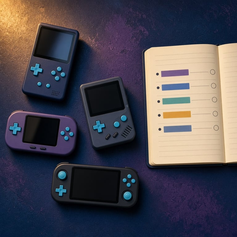 Verschillende retro gaming handhelds naast elkaar op een donkerblauw bureau met pixel art op de achtergrond