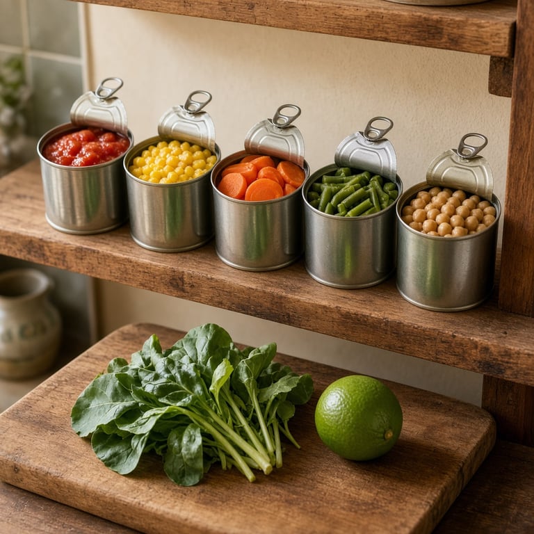 A pantry shelf with canned tomatoes, corn, beans, and fresh leafy greens beside a wooden chopping board