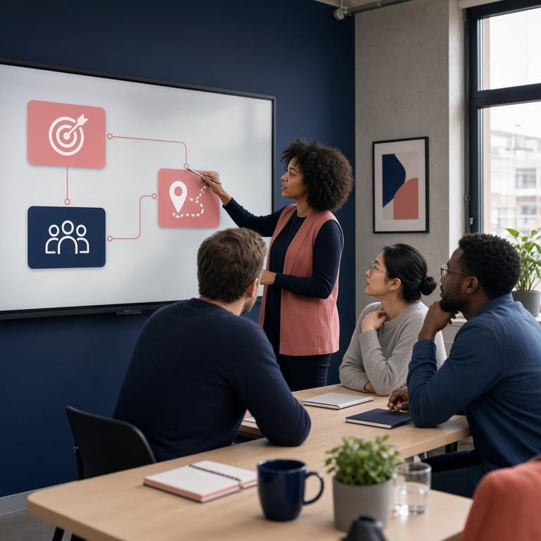 Strategisch marketingteam dat doelen en klantreis op een digitaal whiteboard verbindt