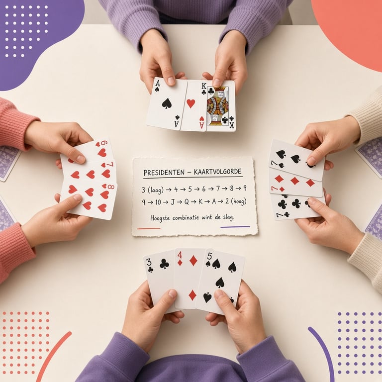 Vier spelers leggen kaartcombinaties op tafel tijdens een moderne pot Presidenten