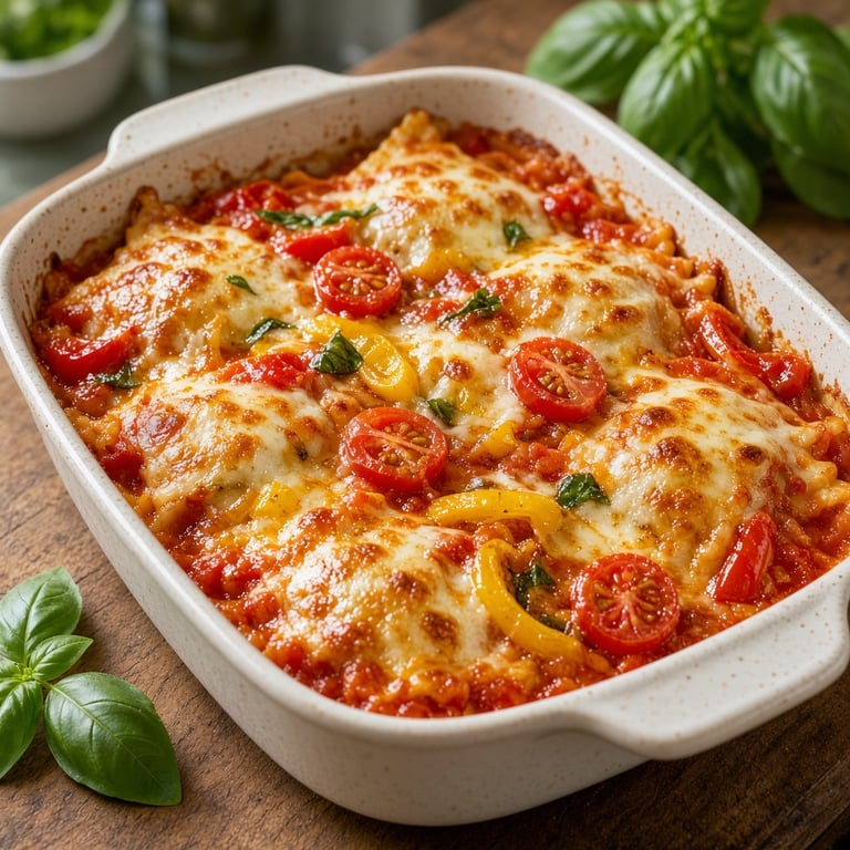 Goudbruine ravioli met tomatensaus, mozzarella en verse basilicum in een ovenschaal