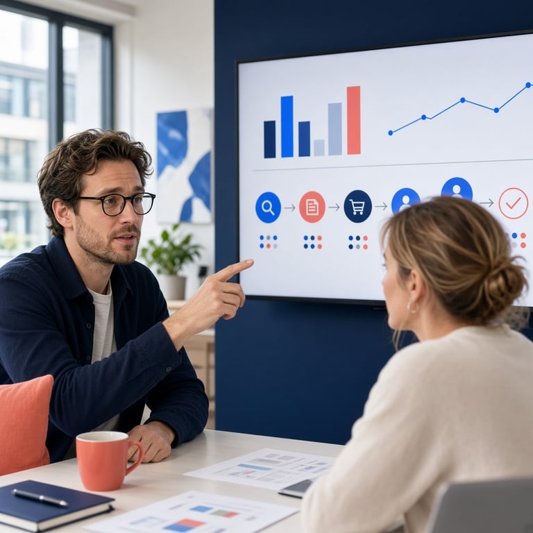 Marketeer die conversiedata en klantreis analyseert tijdens een online marketingplanning