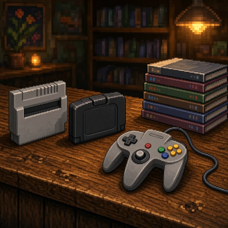Pixel-art scène van een retro gamewinkel in Apeldoorn met klassieke consoles en kleurrijke spelcassettes