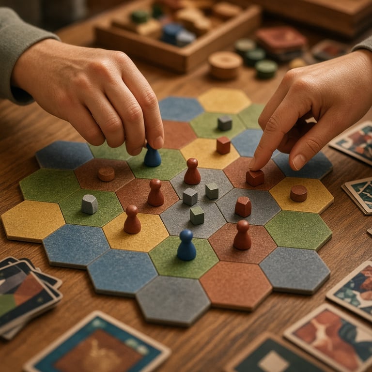 Close-up van een tweepersoons bordspel met kleurrijke tegels, kaarten en houten speelstukken