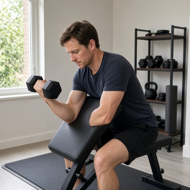 Sportieve volwassene voert een gecontroleerde dumbbell curl uit in een lichte Nederlandse thuisgym