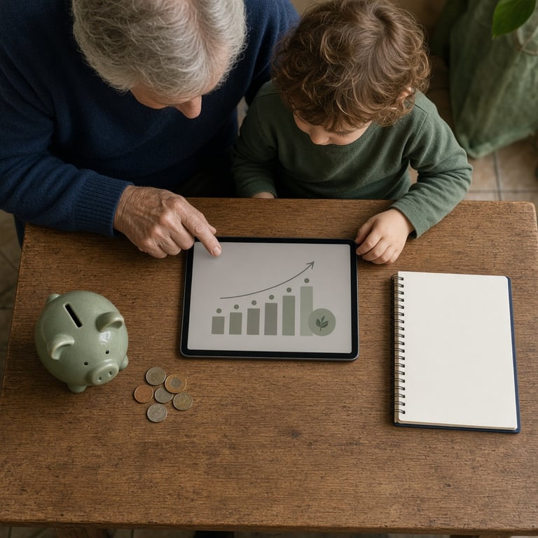 Grootouder en kleinkind bekijken samen een spaarplan aan de keukentafel