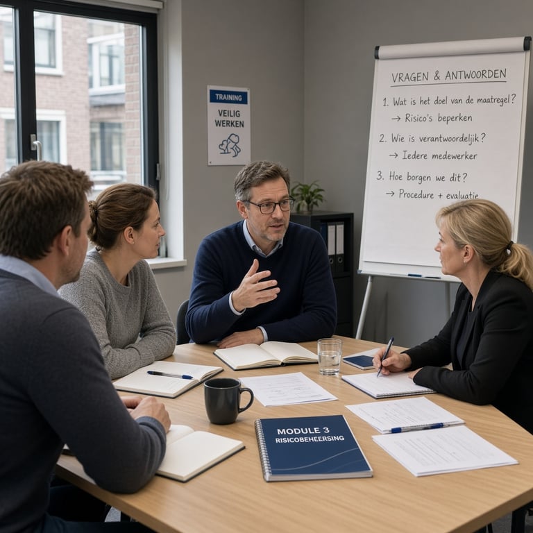 Docent begeleidt een kleine groep deelnemers tijdens een interactieve les