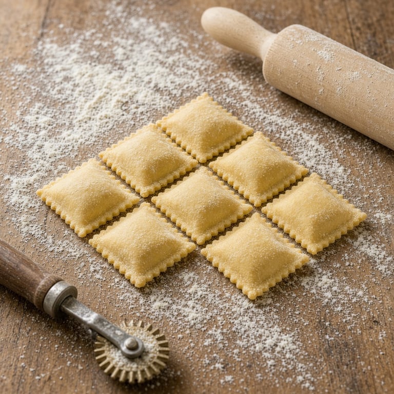 Verse ravioli met ricotta op een met bloem bestoven houten werkblad naast een pastawiel