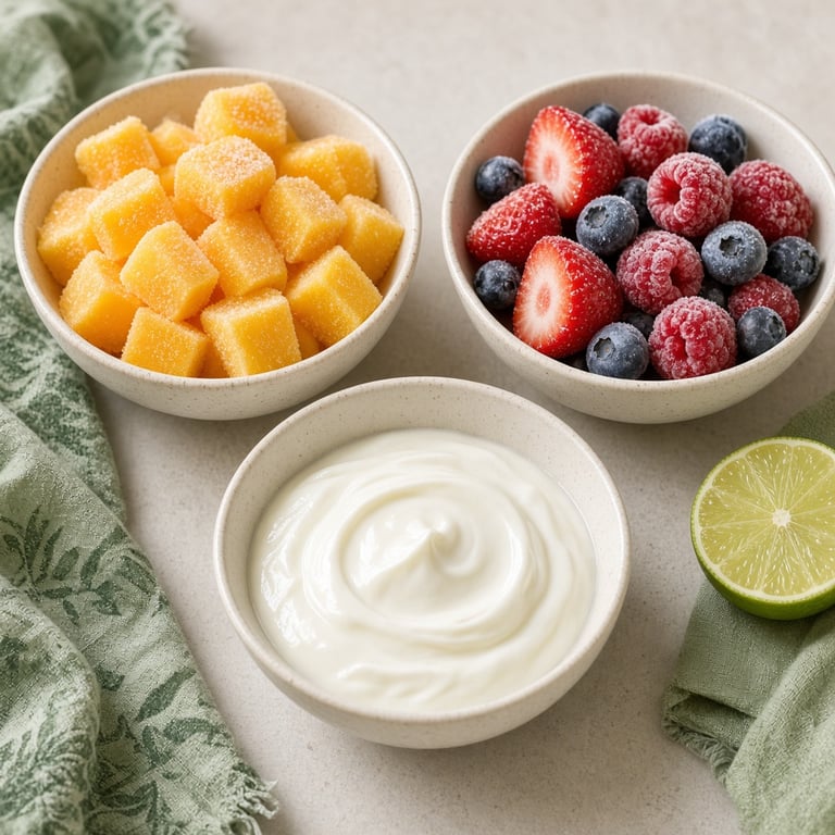 Frozen mango, berries, and yoghurt arranged for a quick breakfast bowl