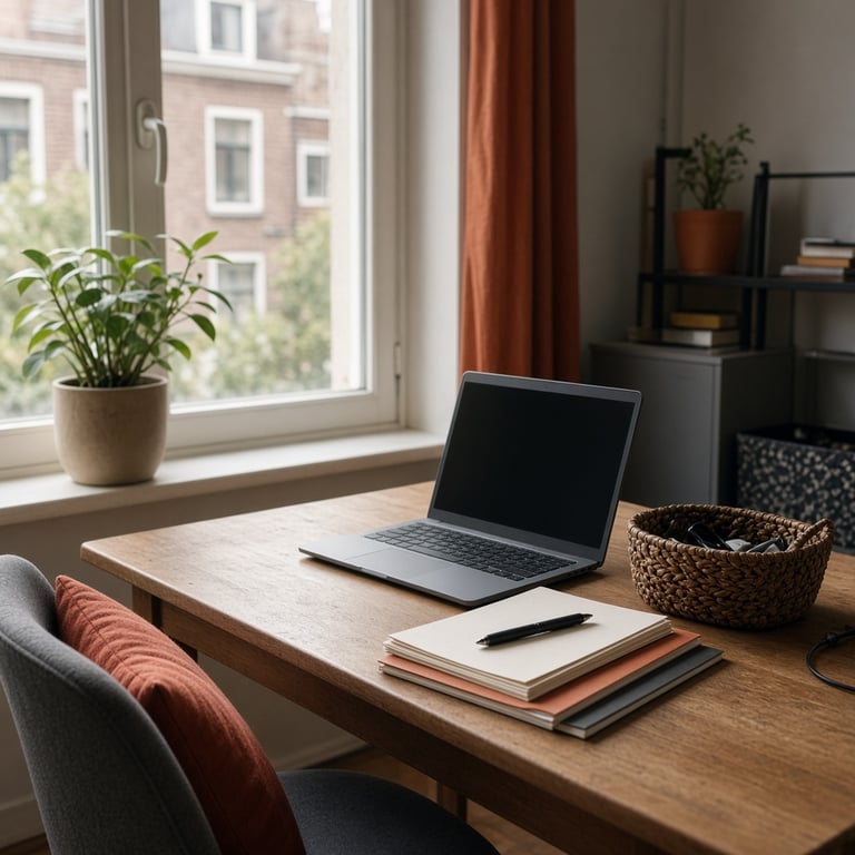 Een opgeruimde Nederlandse werkplek met een planning, laptop en praktische opbergers
