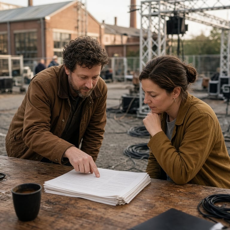 Een organisator bespreekt een draaiboek bij een evenement op het Zwitsalterrein in Apeldoorn