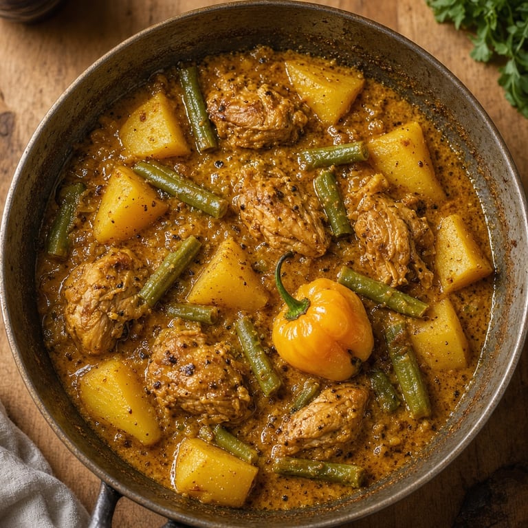 Surinaamse roti met kip met aardappel, kousenband en zachte roti vellen op tafel