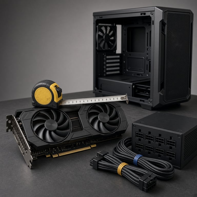 A graphics card installed in a compact gaming PC beside a power supply label and a tape measure for checking clearance