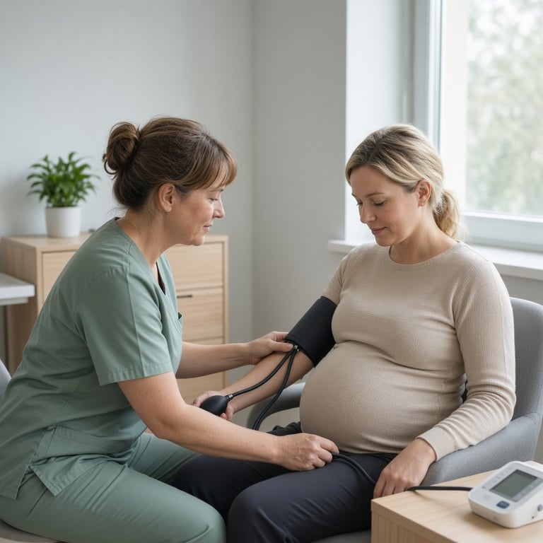 Jordmor måler blodtrykket til en gravid kvinne i et lyst, rolig undersøkelsesrom