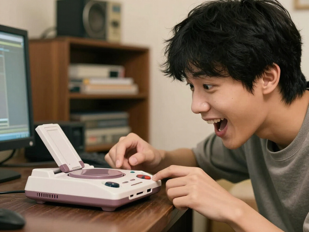 A young person excitedly looking at an old gaming console