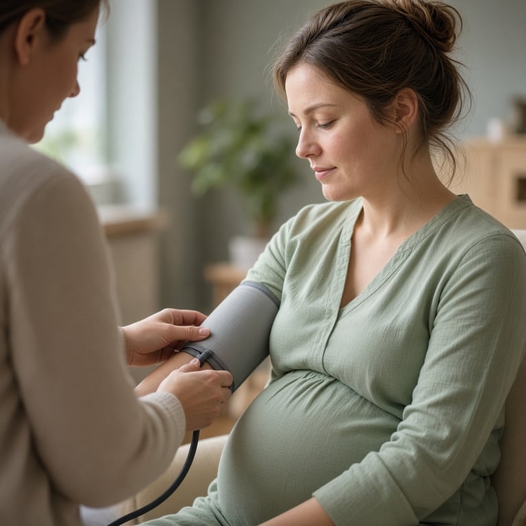 Gravid kvinne får målt blodtrykket på legekontor under en rolig svangerskapskontroll