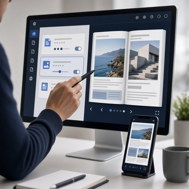 Joomla administrator comparing flipbook extension settings with a digital magazine preview on screen