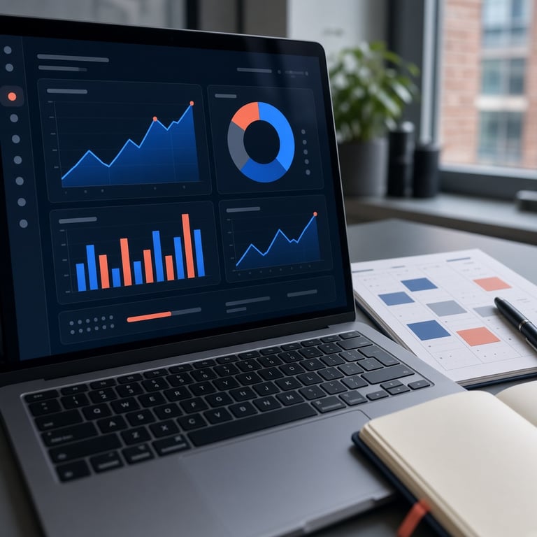 Dashboard met eenvoudige marketingmetingen naast een contentplanning en conversiedoelen
