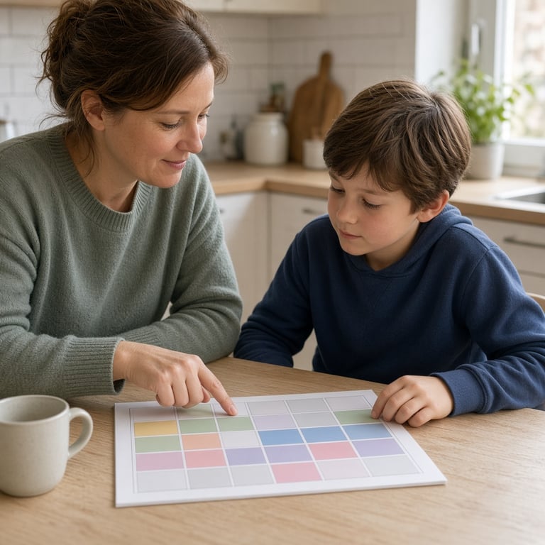 Een ouder en kind bespreken samen een weekplanner met taken en kleurcodes aan de keukentafel