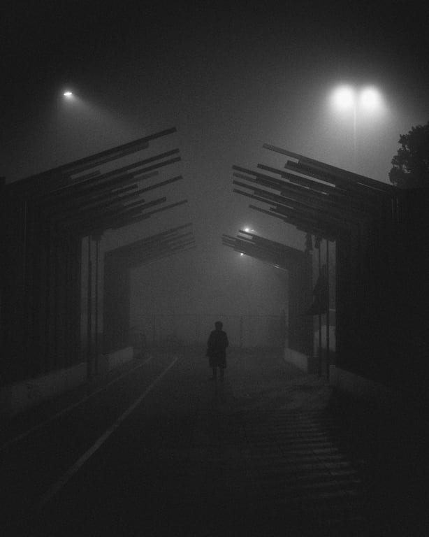 Donkere thrilleromslag met een silhouet in een mistige steeg