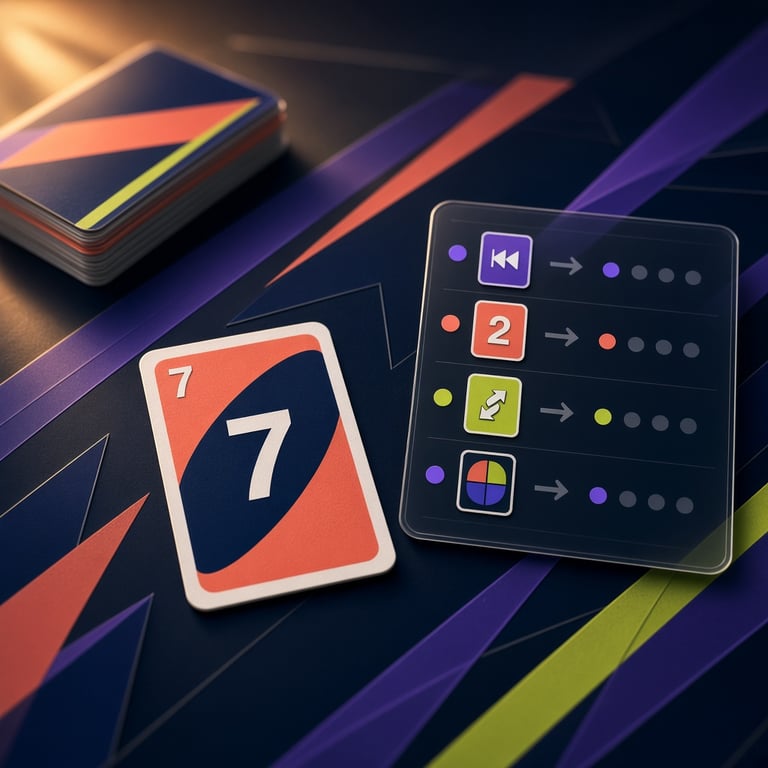 Een moderne speeltafel met UNO-kaarten, F1-kleuraccenten en een overzicht van mogelijke speelkeuzes