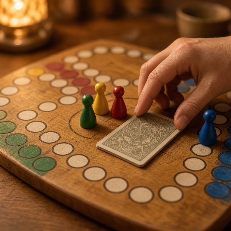 Keezen bordspel met kleurrijke pionnen en speelkaarten op een houten tafel