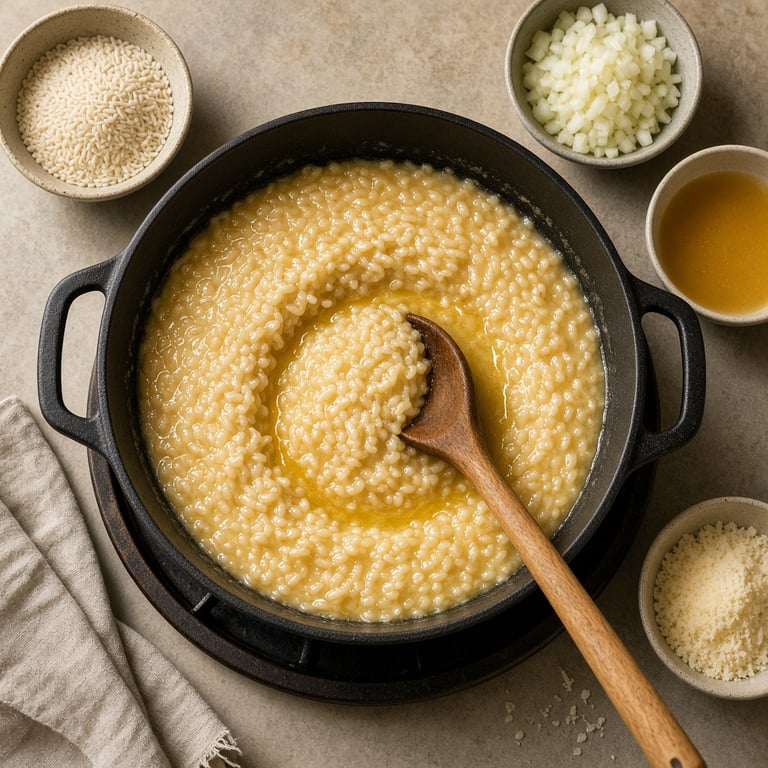 Romige risotto in een brede pan met verse kruiden en Parmezaanse kaas
