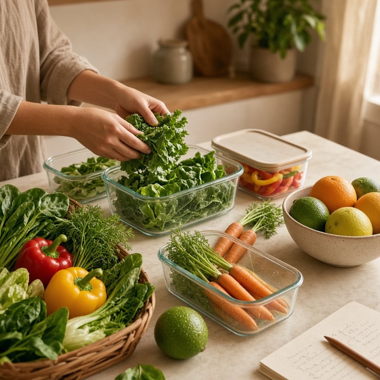 Fresh vegetables being unpacked beside reusable kitchen containers, a recipe notebook, and a fruit bowl