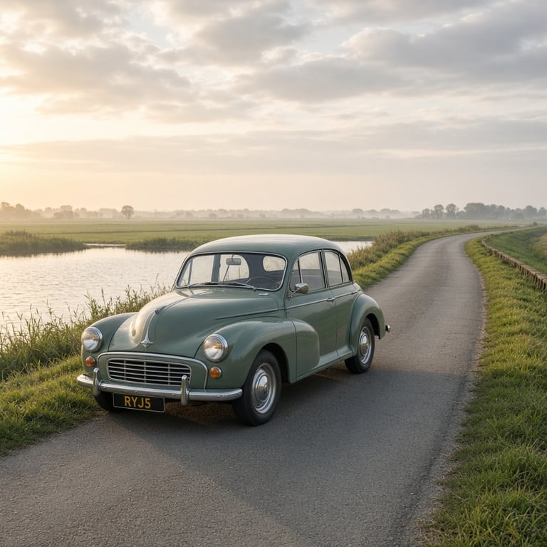 Klassieke oldtimer geparkeerd op een rustige Nederlandse dijk tijdens een toer