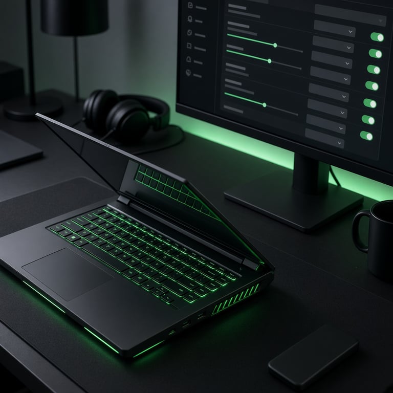 A gaming laptop open beside a dark desk monitor showing a graphics settings menu, with neon green lighting and a visible cooling vent
