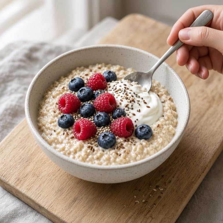 Fargerik frokost med bær, havregrøt, nøtter og yoghurt på et lyst kjøkkenbord