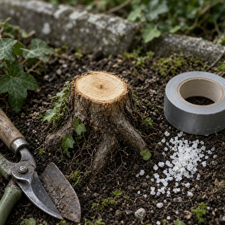 Steinsalt, hageredskap og eføystilk på et trebord i naturlig dagslys
