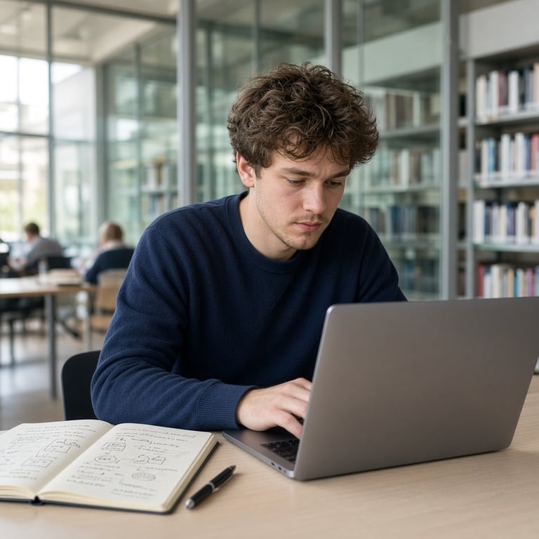 Student oefent een vaardigheid achter een laptop in een Nederlandse bibliotheek